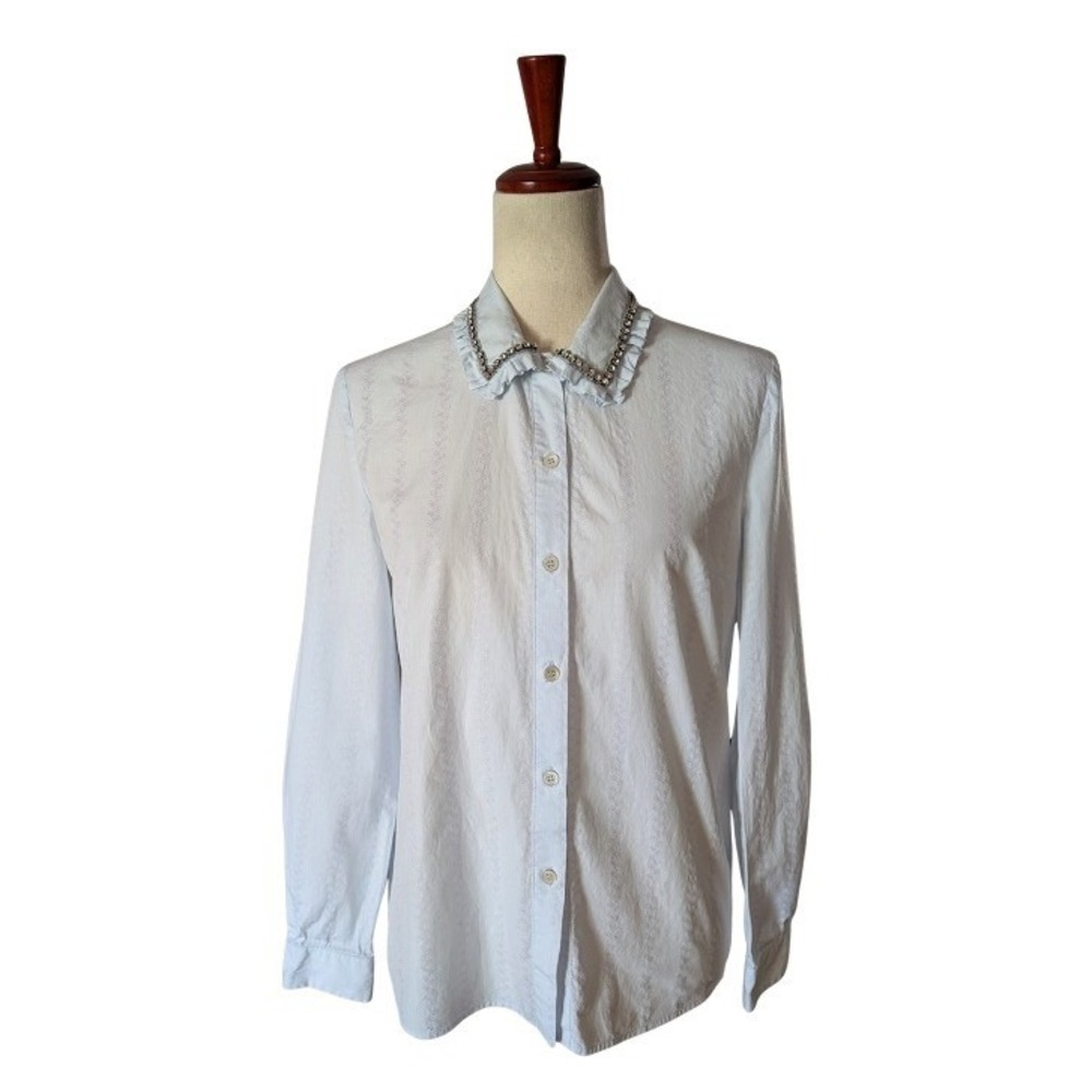 Miu Miu Light Blue Jacquard Crystal Embellished Ruffle Collar Shirt IT 40